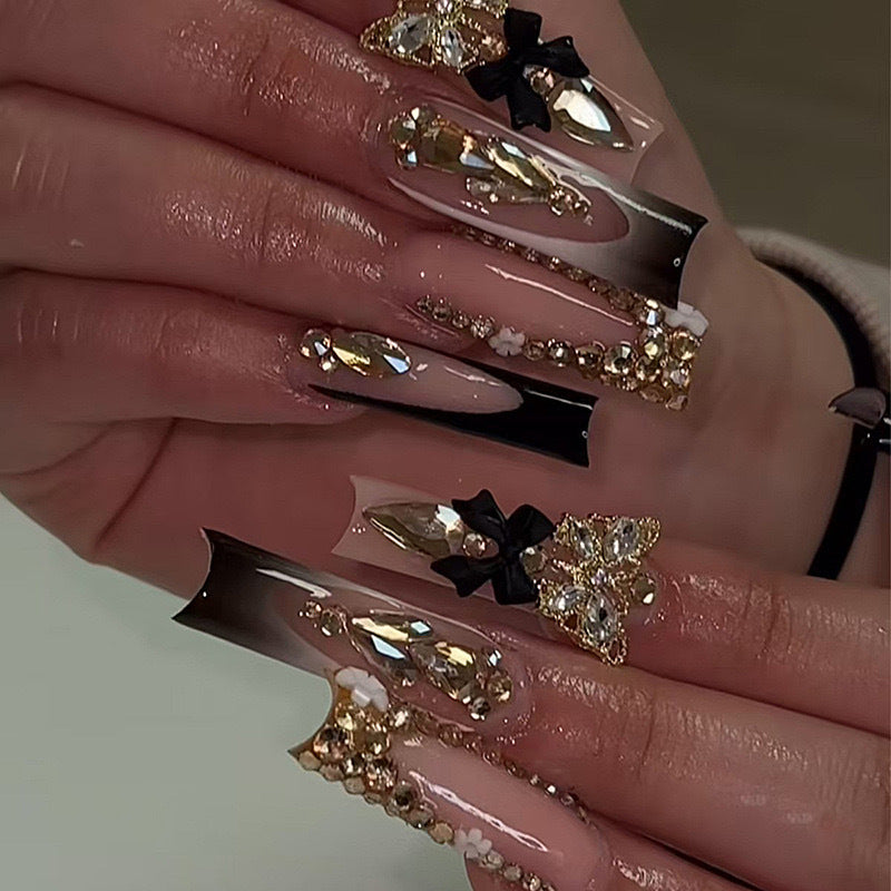 Artificial nail set with elegant 3D decorations and crystal accents Kalsten