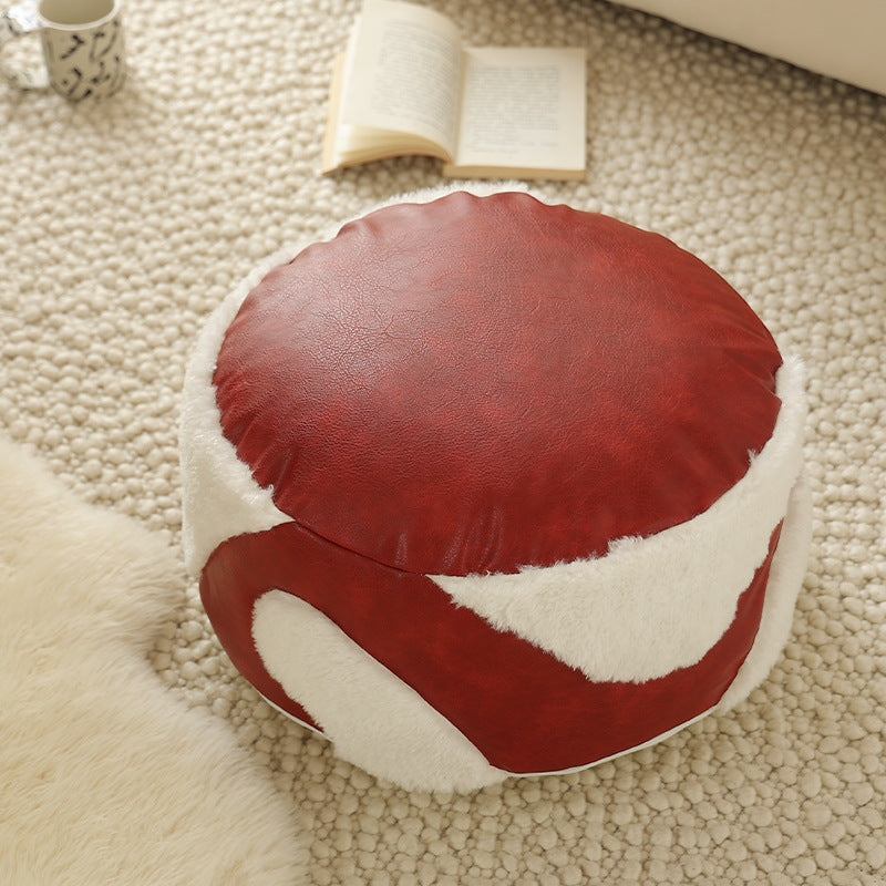 Round padded seat pouf as a floor stool with vintage leather look and teddy fleece inserts Kalsten