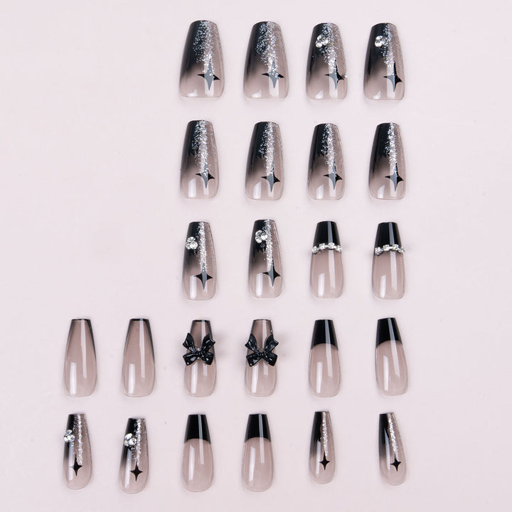 Decorative Press-On Nail Set with Gemstone and Bow Accents