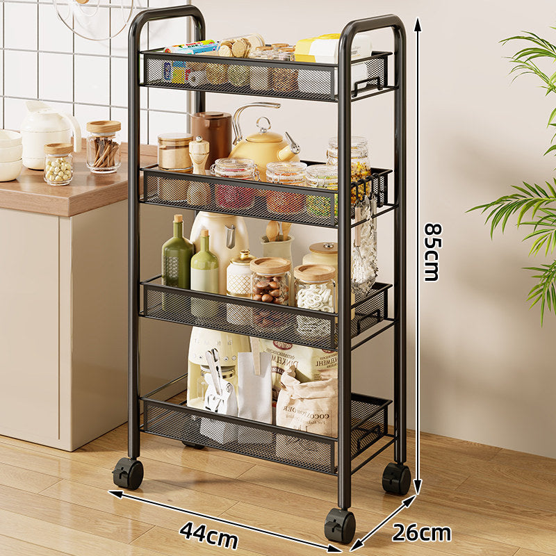 Three-Tier Rolling Mesh Kitchen Storage Cart with Side Utensil Caddy and Locking Casters