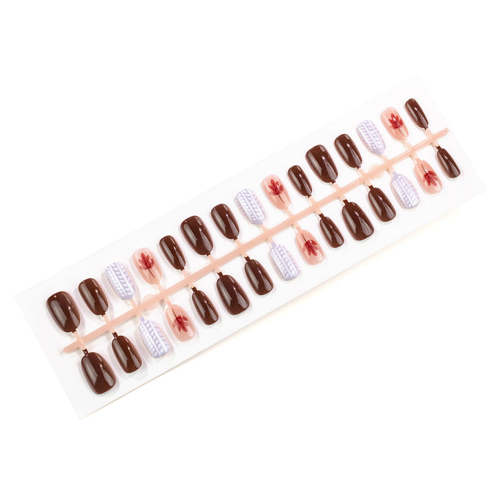 Artistic Press-On Nail Art Set with Leaf and Geometric Patterns Kalsten