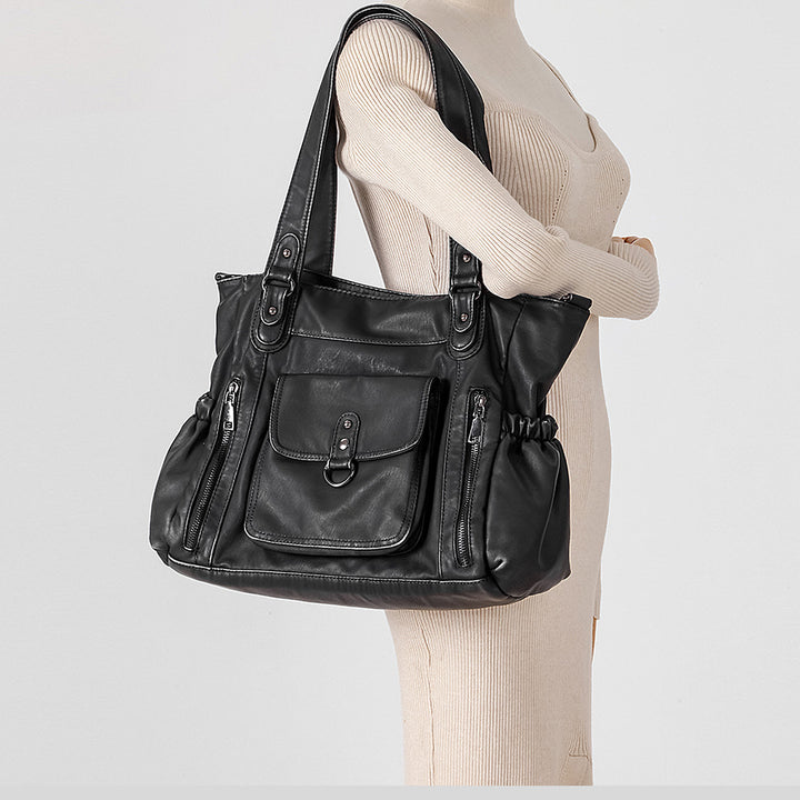 Multi-Pocket Leather Hobo Handbag