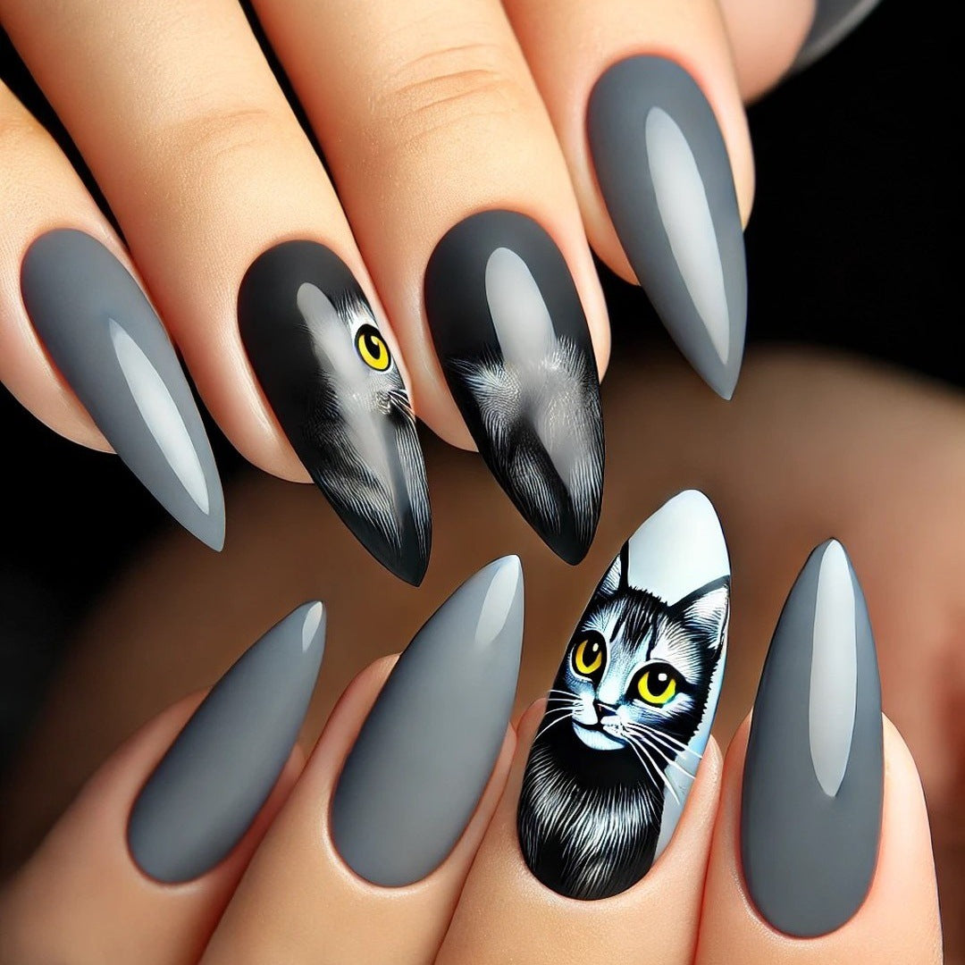 Stylish cat motif artificial nails Kalsten