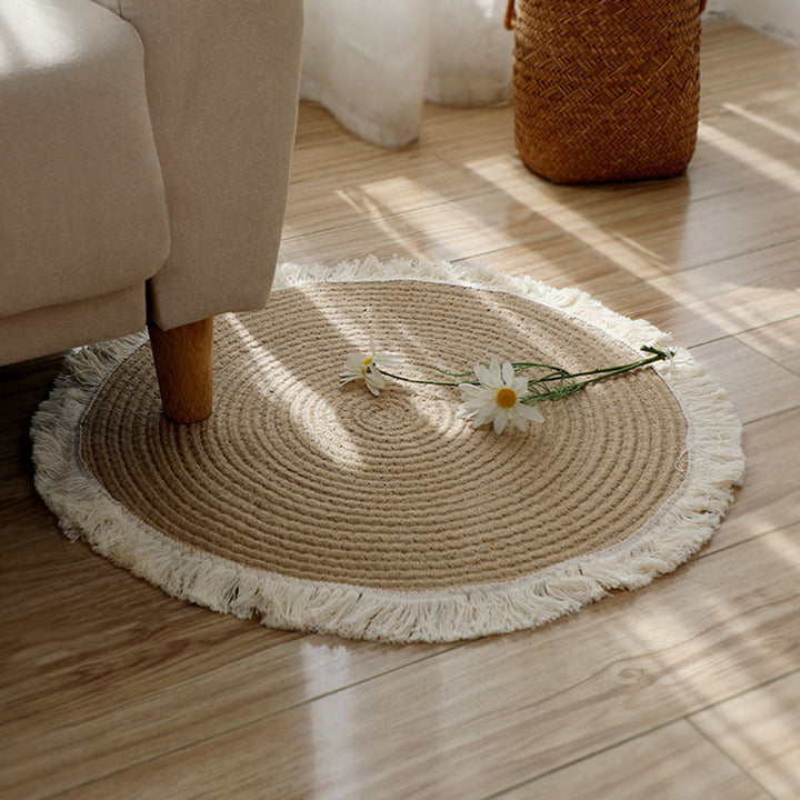 Rustic Round Rug with Fringes Kalsten