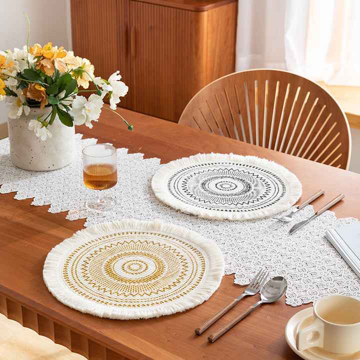 Round woven Boho rug mat with decorative fringes Kalsten