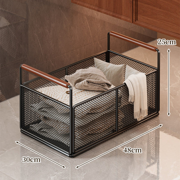 Mesh Utility Storage Basket with Wooden Grip Handles for Kitchen and Home Organization