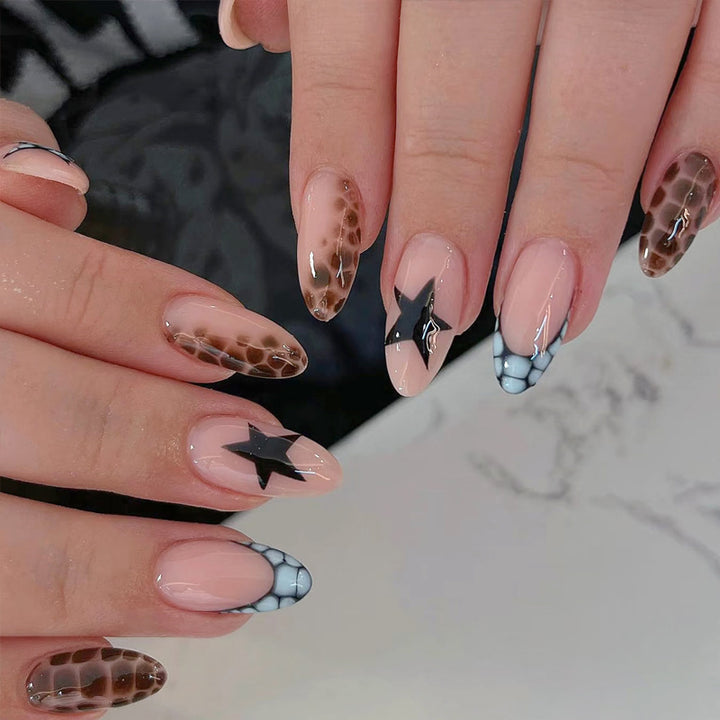 Artistic Press-On Nail Set with Unique Star and Texture Designs Kalsten