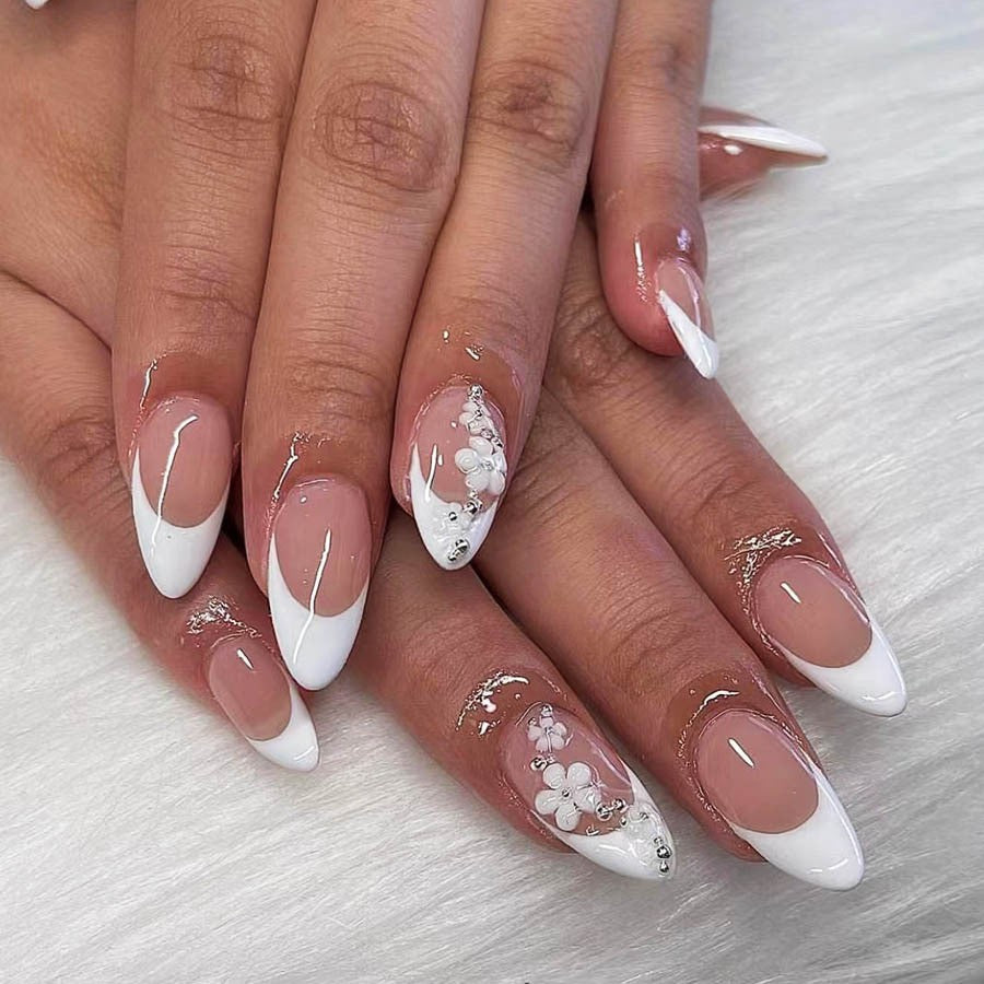 Acrylic Nail Set with Filigree Flower Decorations and Elegant French Design Kalsten