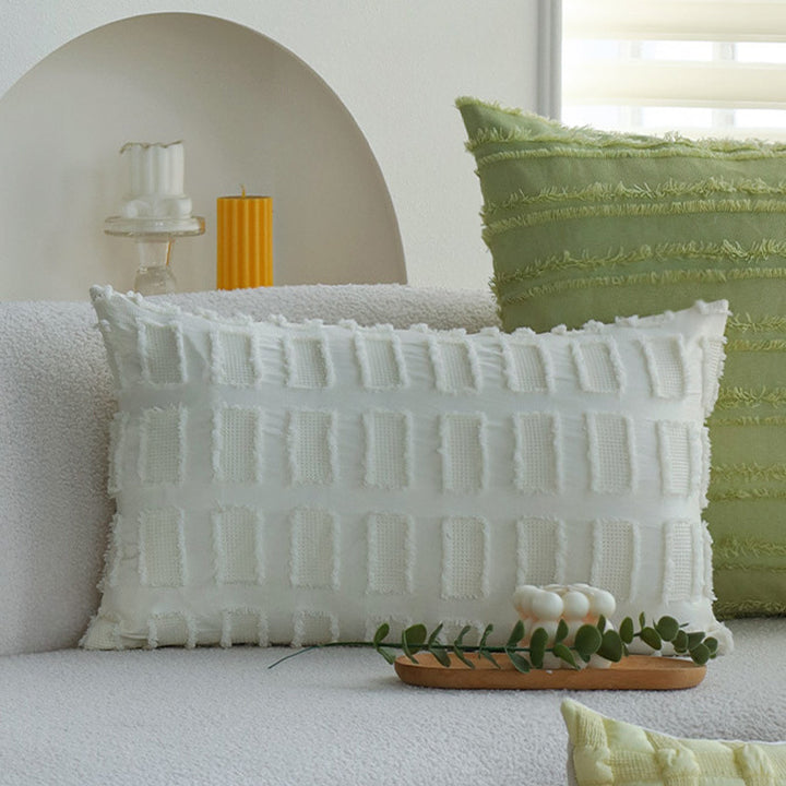 Square decorative pillow cover made of cotton blend with relief rectangular tufts and fringed edge Kalsten