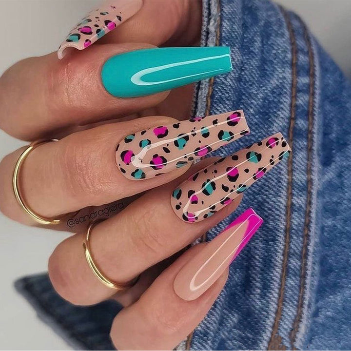 Artful Nail Extensions with Leopard Pattern and Neon Accents Kalsten