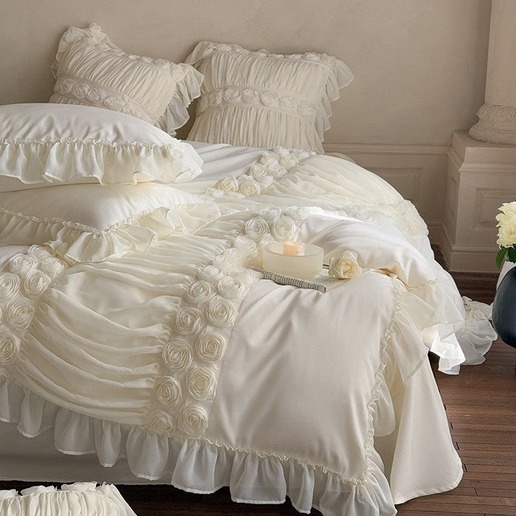 Luxurious Ruffle Bedding Set with Rose Appliqués and Volants