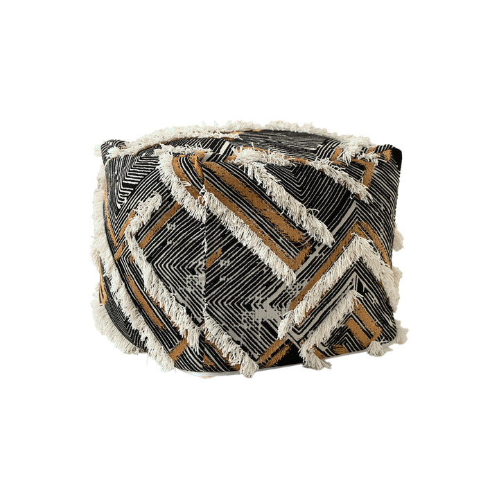 Padded Boho seat pouf with fringes and woven patchwork cover