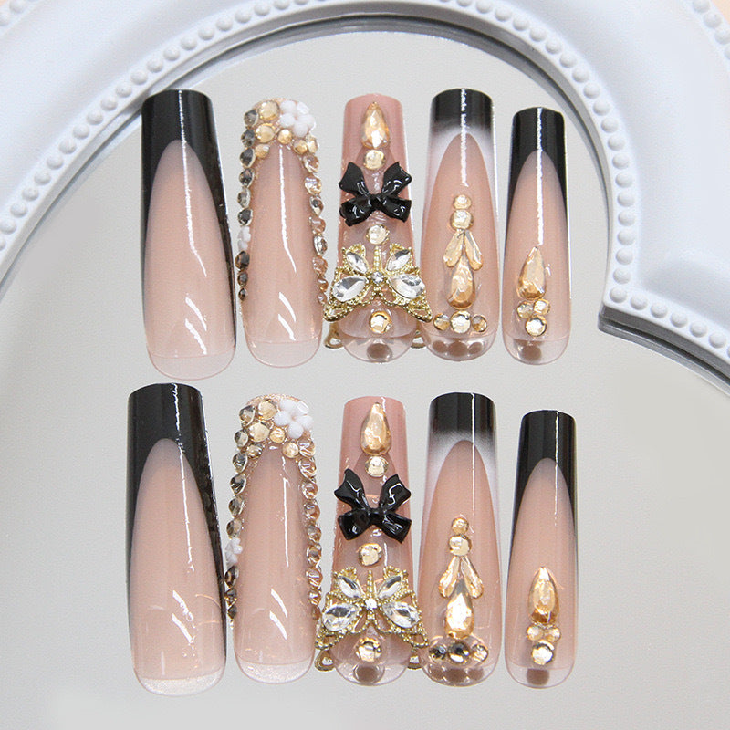 Artificial nail set with elegant 3D decorations and crystal accents Kalsten