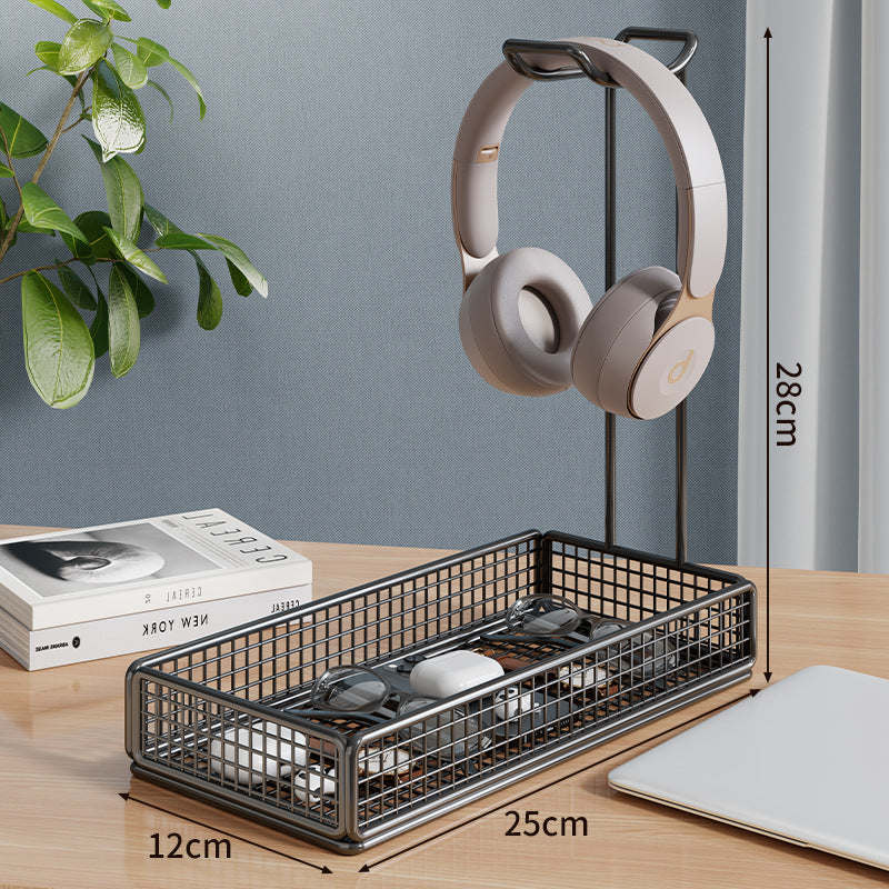 Overhead Headphone Stand with Integrated Wire Mesh Storage Tray and Vertical Metal Support