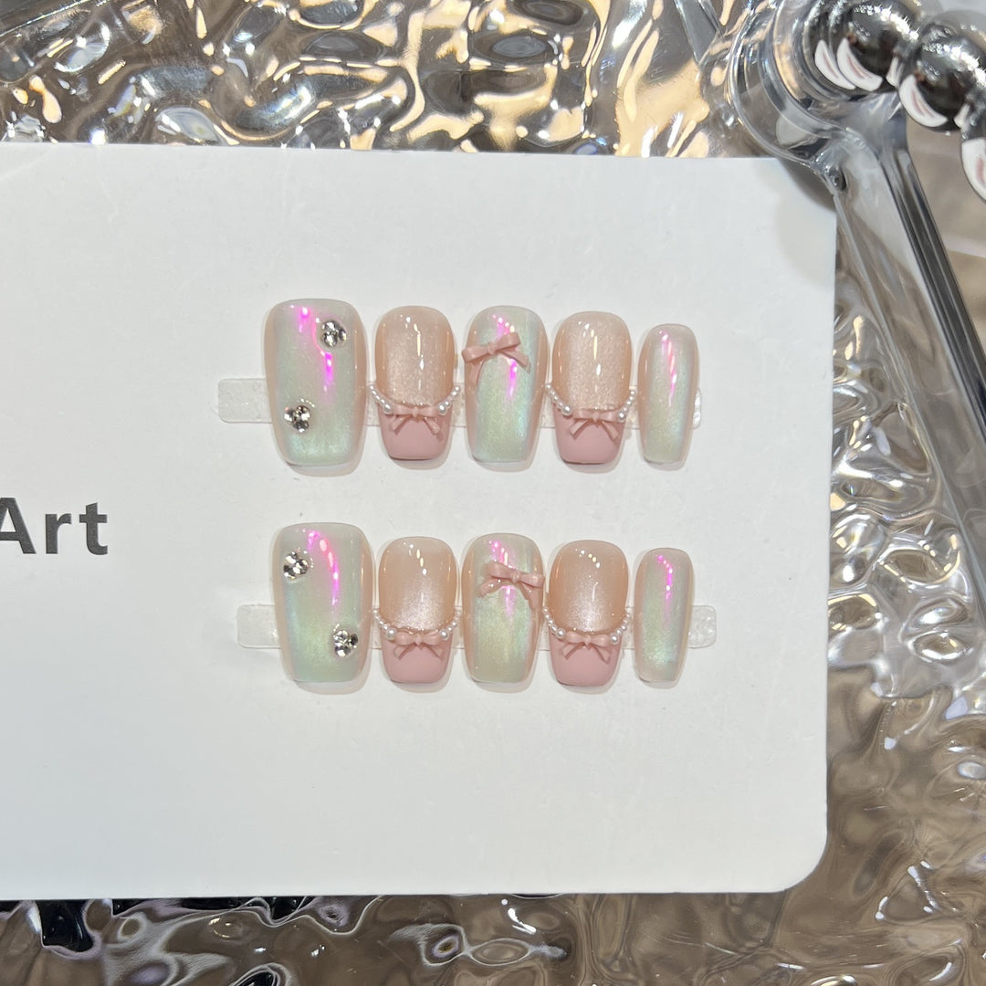 Decorative Press-On Nail Art Set with Artistic Bow and Pearl Accents Kalsten