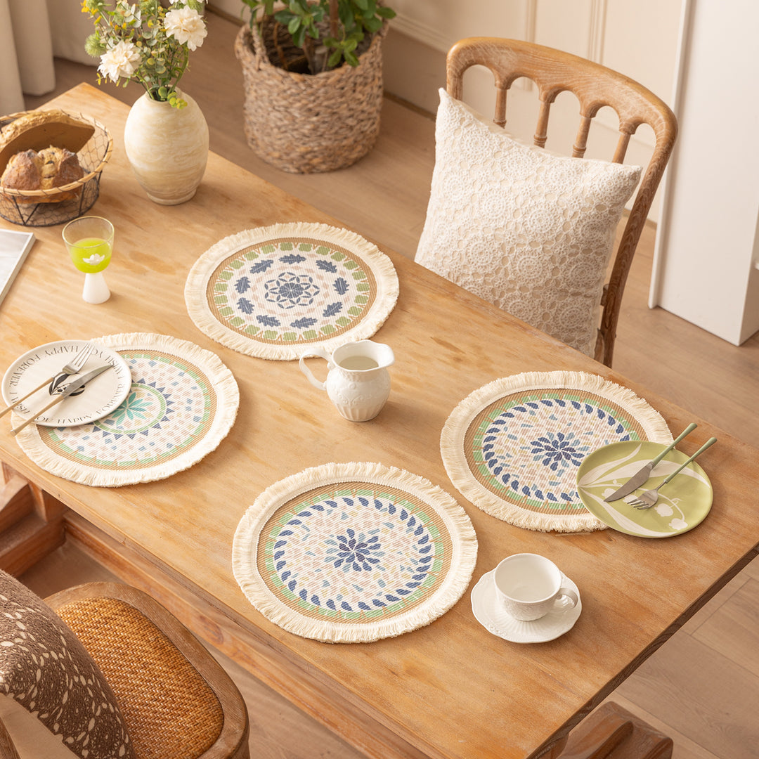 Round handmade woven decorative rug with fringes and botanical pattern Kalsten