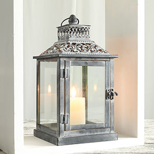 Ornate Distressed Wooden and Metal Glass-Paneled Decorative Lantern Kalsten