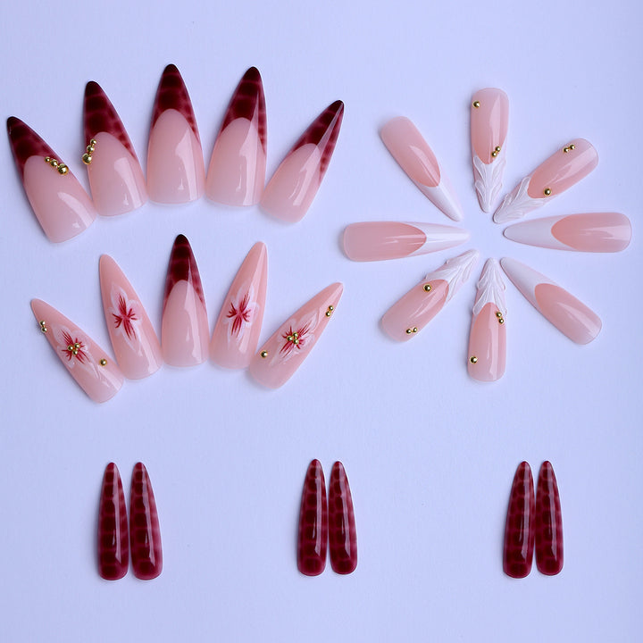 Artificial Nails in Elegant Modern Stiletto Style with Floral Design and Golden Accents Kalsten