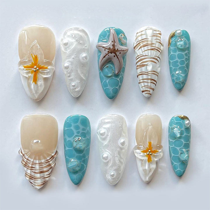 Beach-Inspired Press-On Nail Set with Ocean and Starfish Designs kalsten