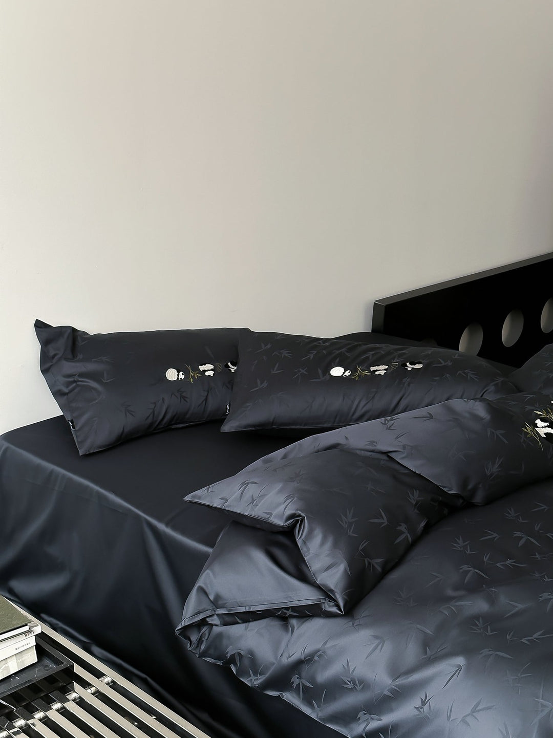 finely woven cotton satin bedding set with panda embroidery and bamboo jacquard