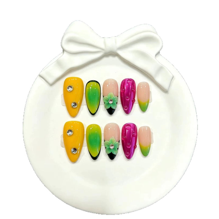 Artistic Press-On Nail Set with Floral and Gradient Designs