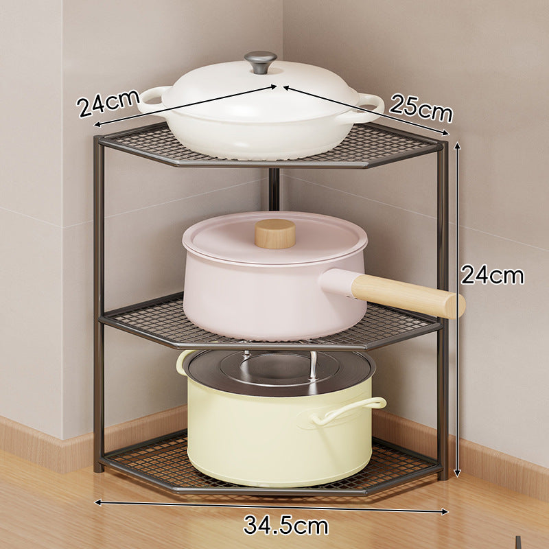Corner Three-Tier Hexagonal Metal Mesh Kitchen Pot and Pan Organizer Rack