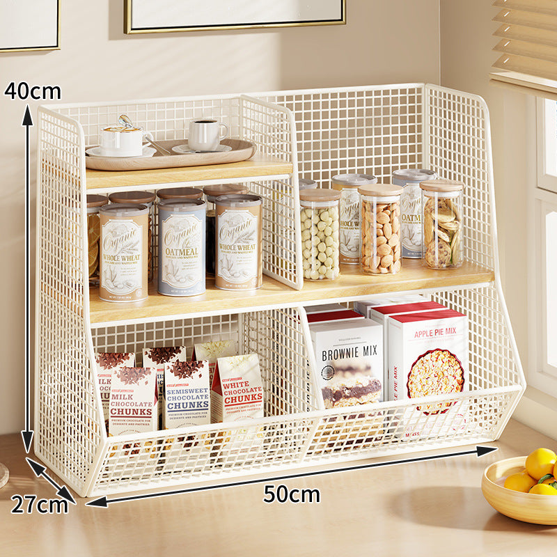 Multi-Tier Wire Mesh Countertop Pantry Organizer with Wood Shelves and Basket