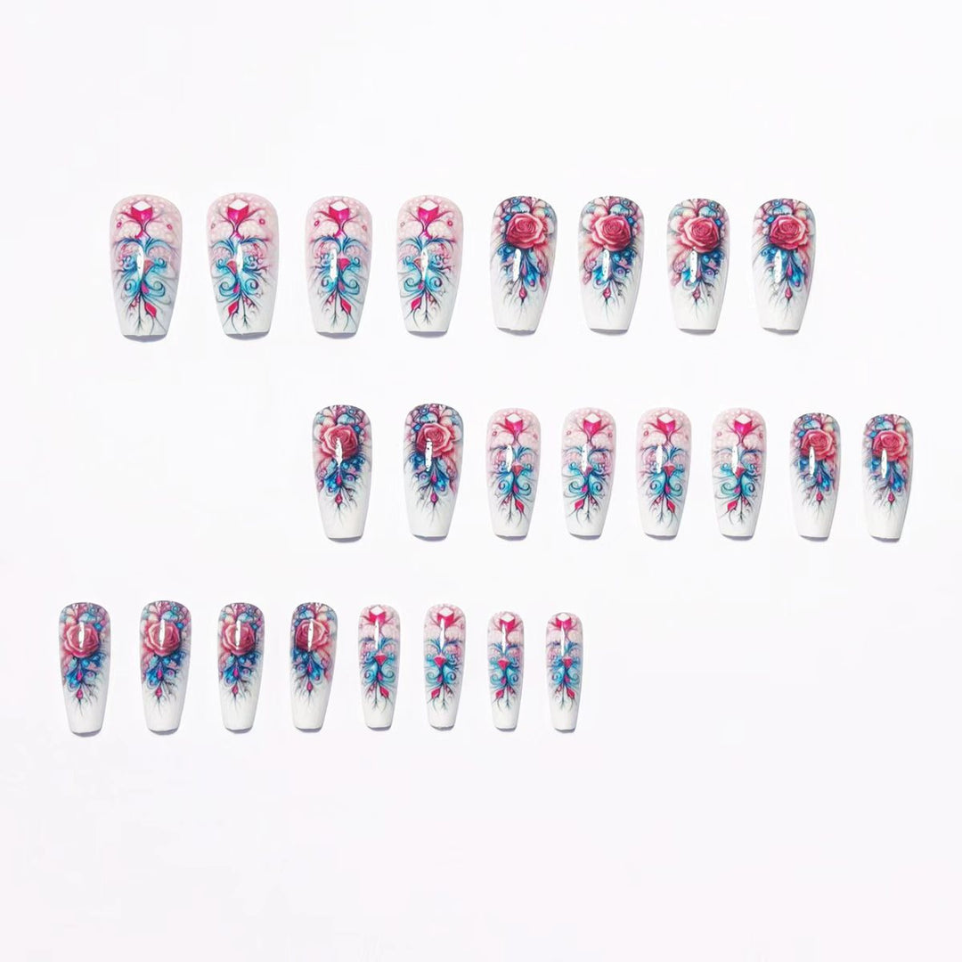 Elegant rose design artificial nails with glitter accents Kalsten