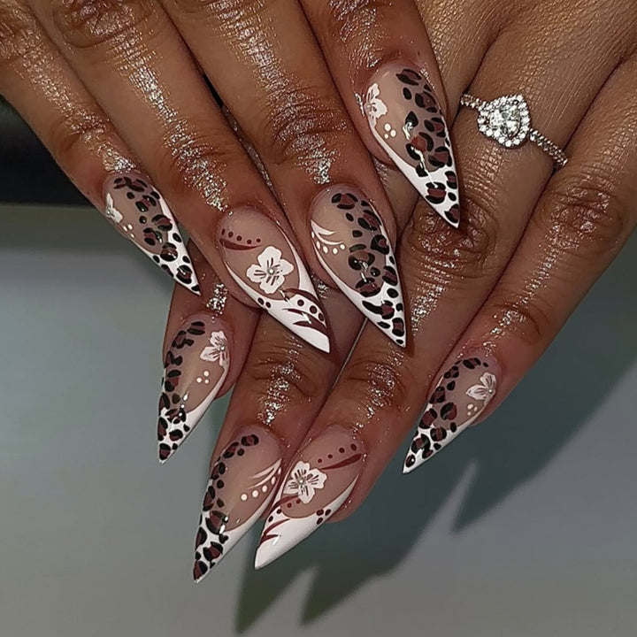 Artistic Stiletto Nails with Flower and Leopard Pattern Kalsten