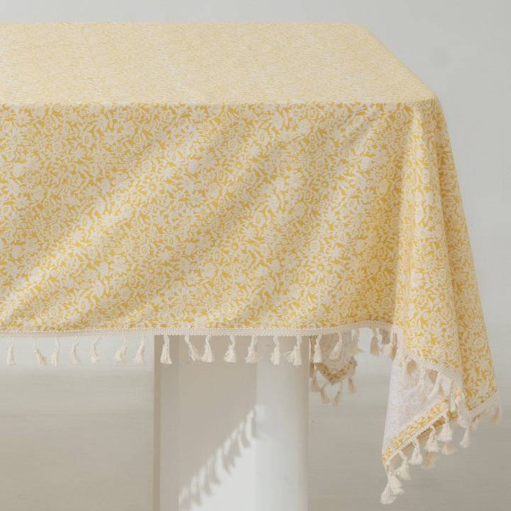 Rectangular tablecloth with floral Millefleurs print and cotton tassels Kalsten