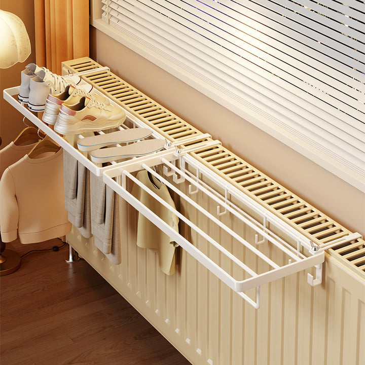 Radiator-Mounted Folding Drying Rack with Extendable Shoe Shelf and Multi-Hook Hanger