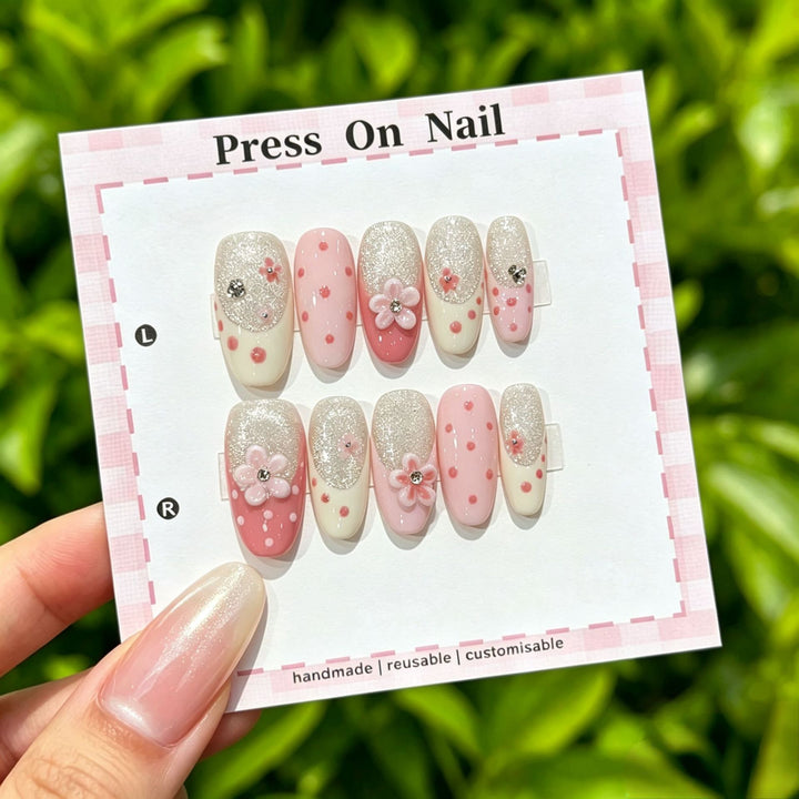 Artistic Press-On Nail Set with Floral and Graphic Designs
