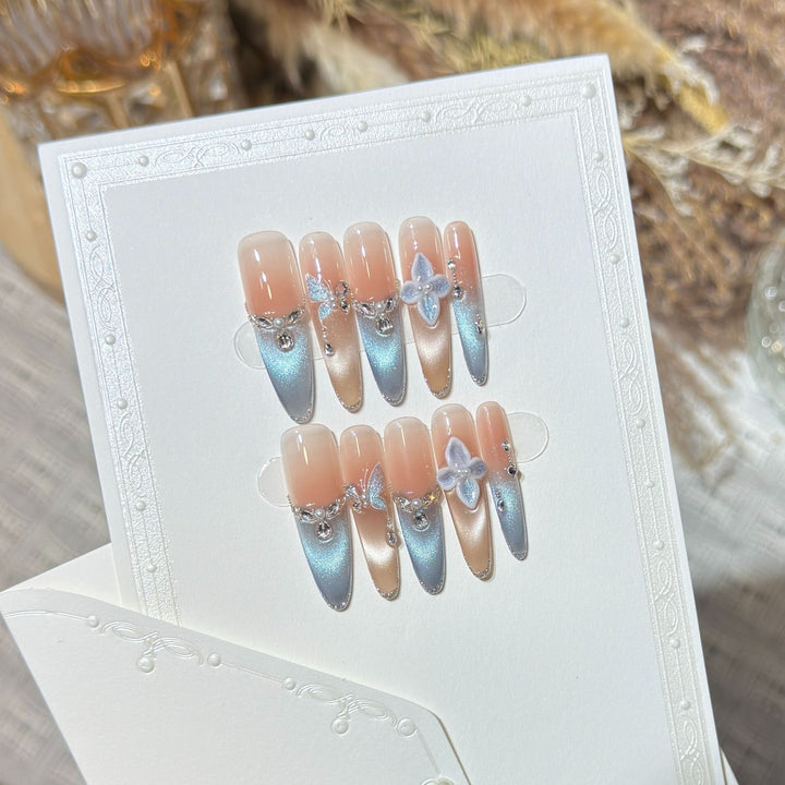 Artistic Press-On Nail Set with Floral and Gemstone Accents Kalsten