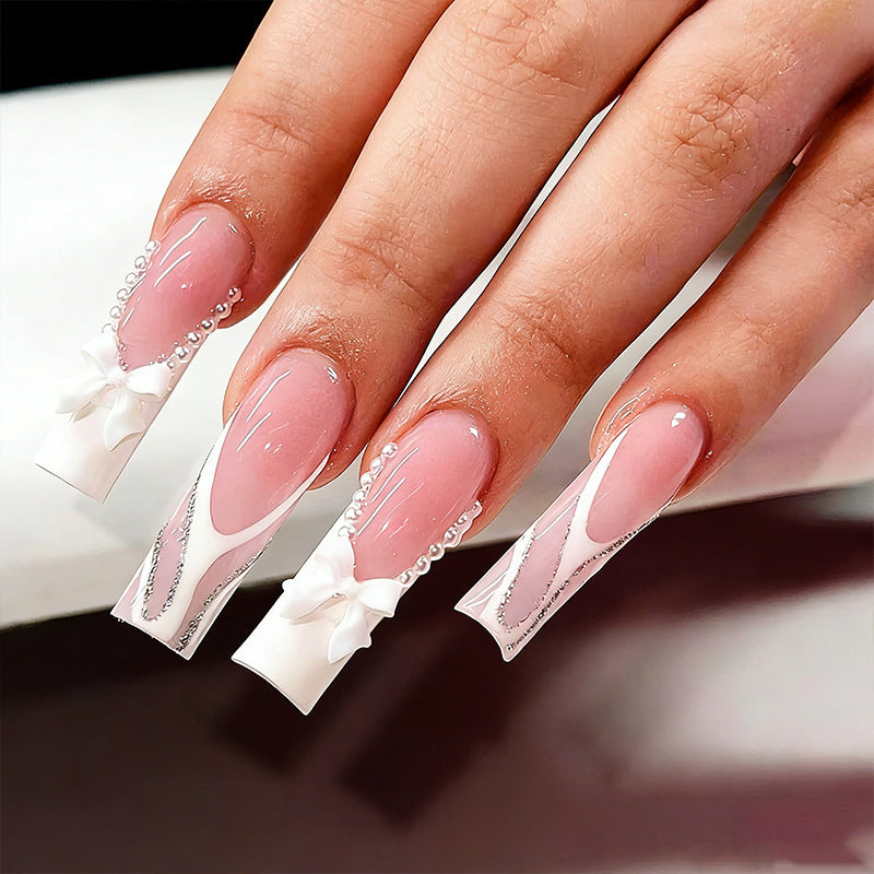 Elegant Fake Nails with Pearl and Bow Decorations Kalsten