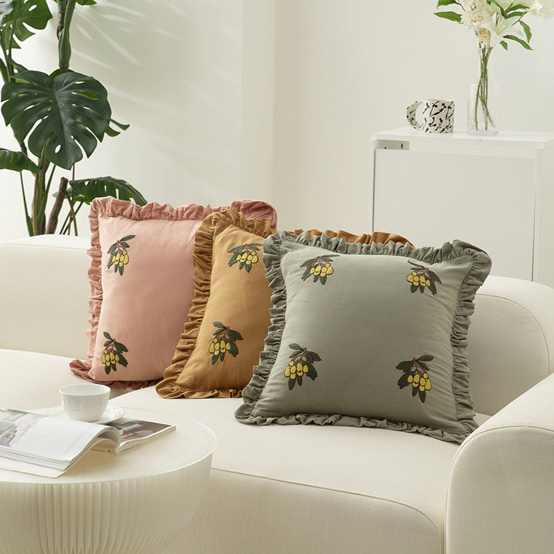 Square decorative cushion with frill edge and embroidered berry ornament made of cotton-linen Kalsten