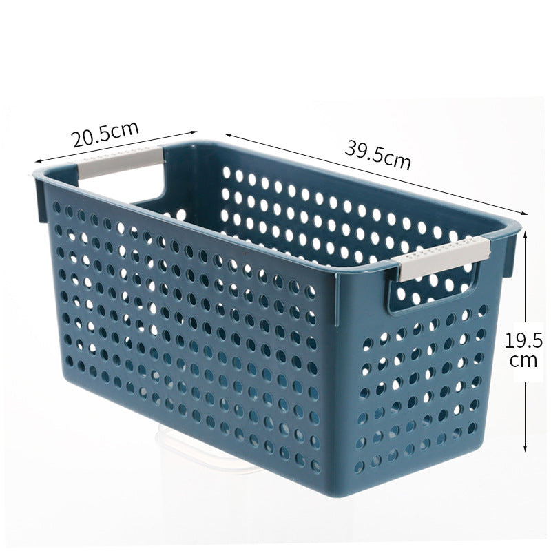 Flat plastic storage box with perforated side wall and grip recesses