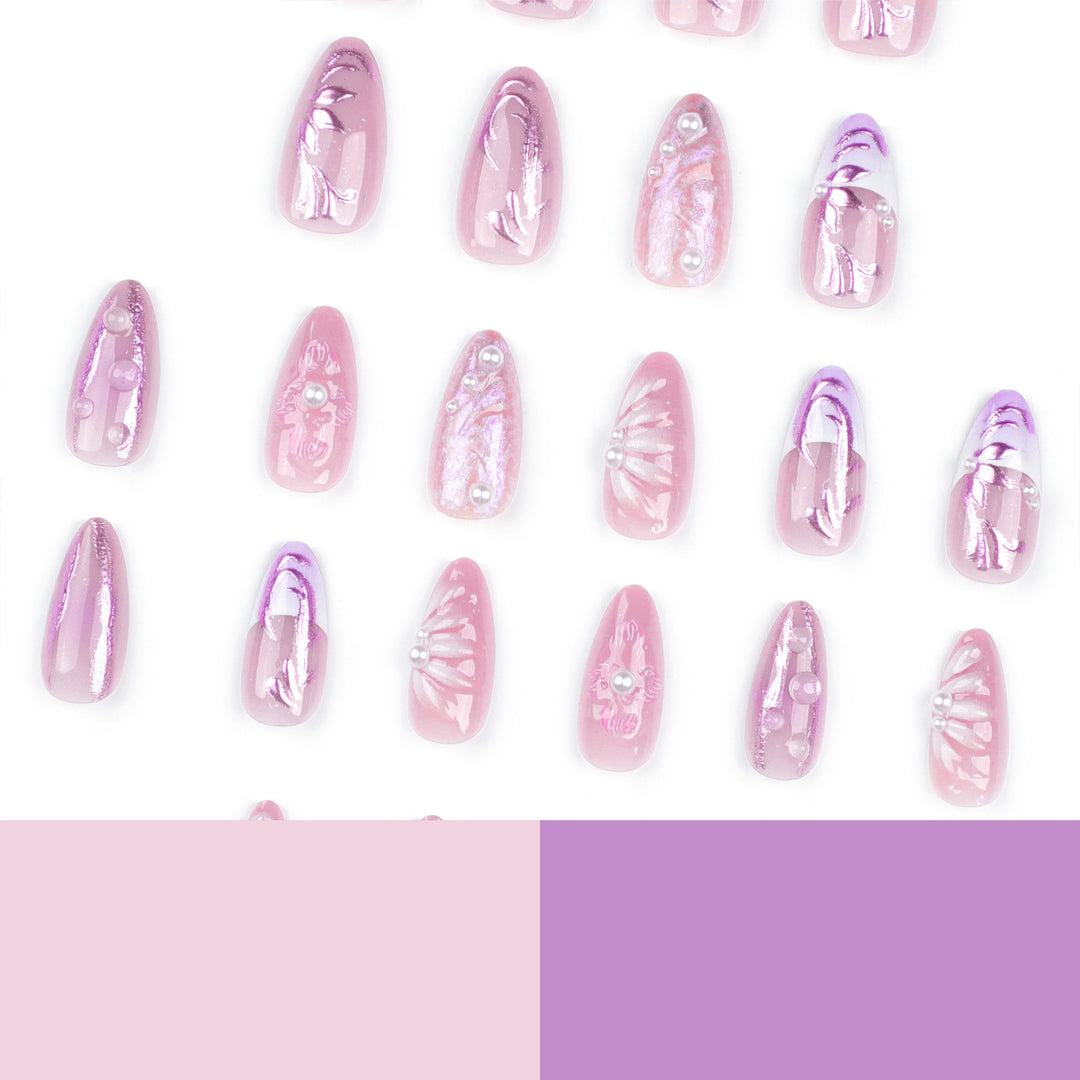 Artificial nail extensions with delicate floral designs and glitter accents Kalsten