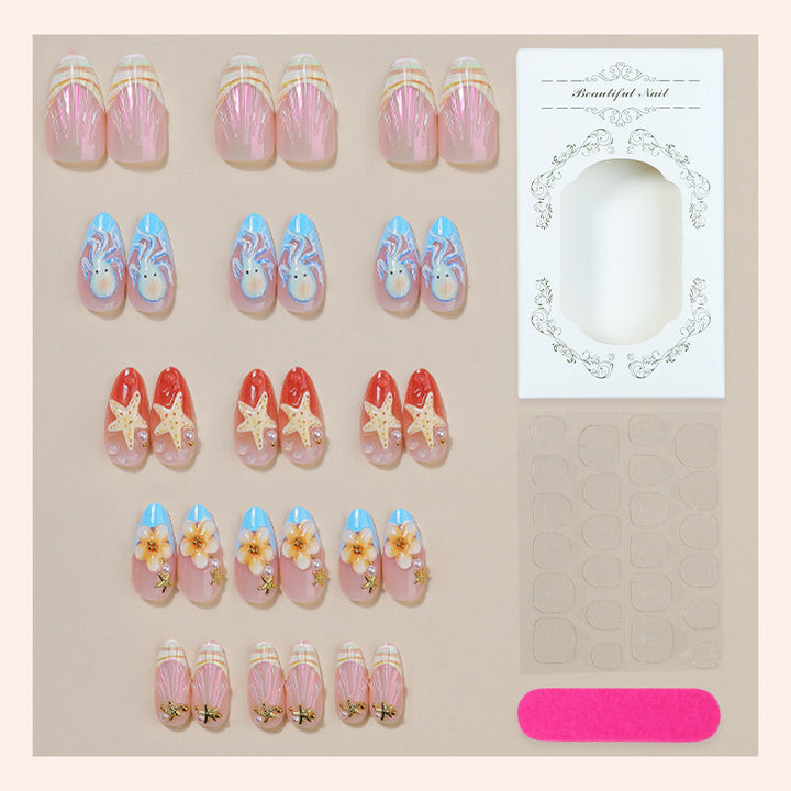 Decorative Press-On Nail Art Set with Summer-Inspired Ocean Designs kalsten