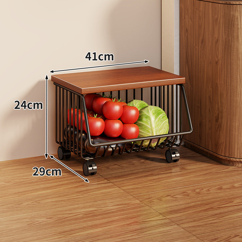 Compact Triple-Tier Rolling Wire Vegetable and Fruit Storage Cart with Wooden Top