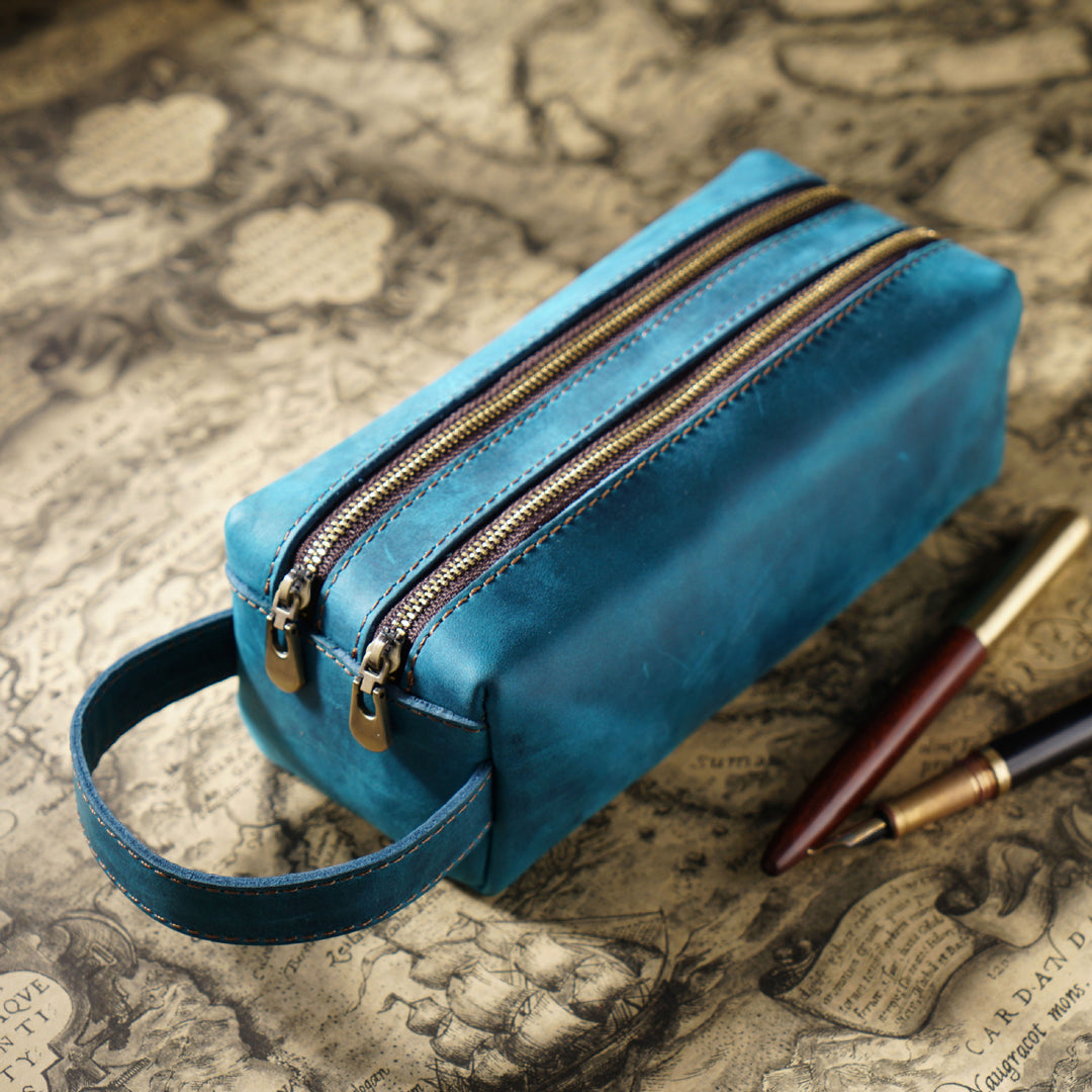 Dual-Zipper Leather Pencil Case