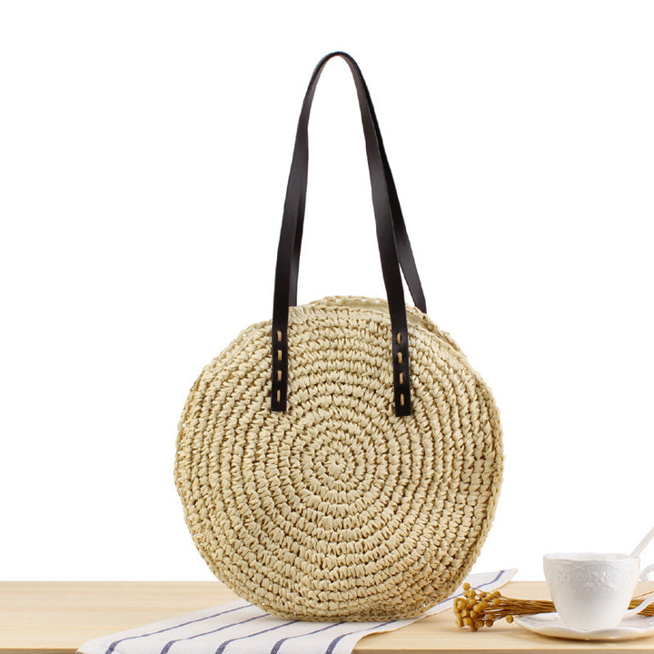Round Bast Tote Bag with Leather-Embellished Handles Kalsten