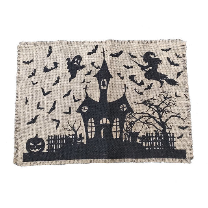 Jute Table Runner Halloween Spooky House Print with Fringed Edge