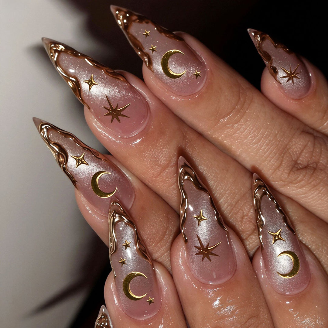 Artistic Stiletto Nail Art Tips with Celestial Accents Kalsten
