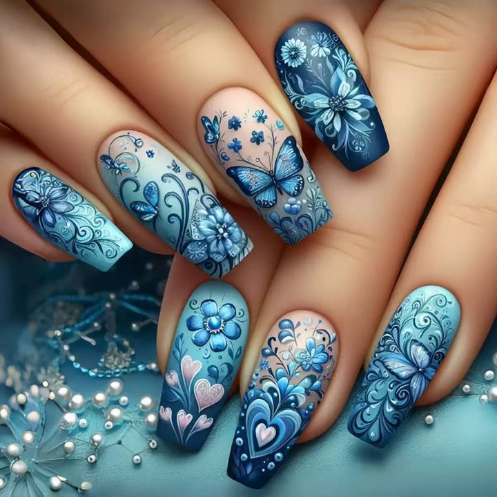 Artificial nail set with floral and butterfly patterns Kalsten