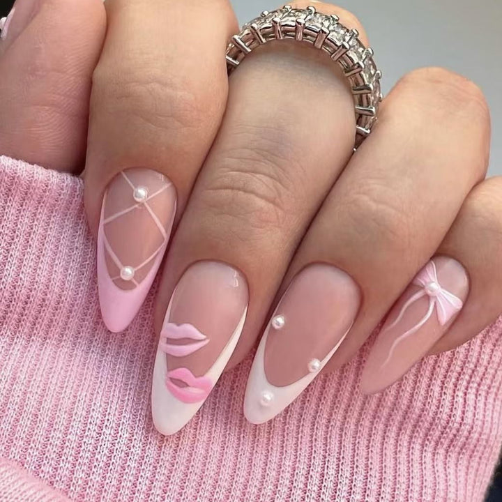 Artistic Press-On Nail Set with Kiss and Bow Design Kalsten