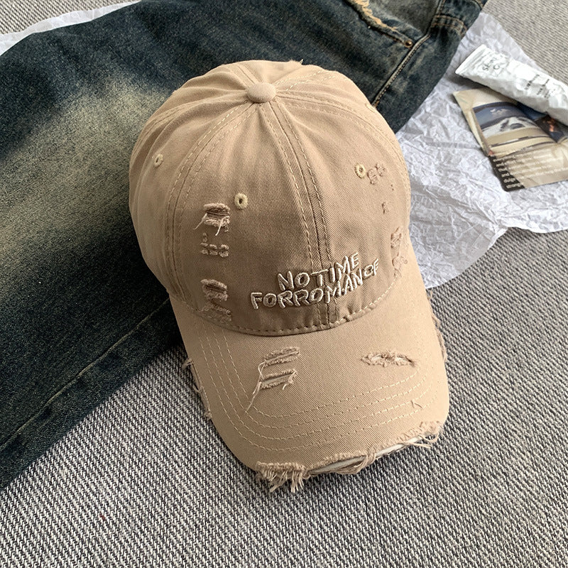 Distressed Baseball Cap with Unique Embroidery