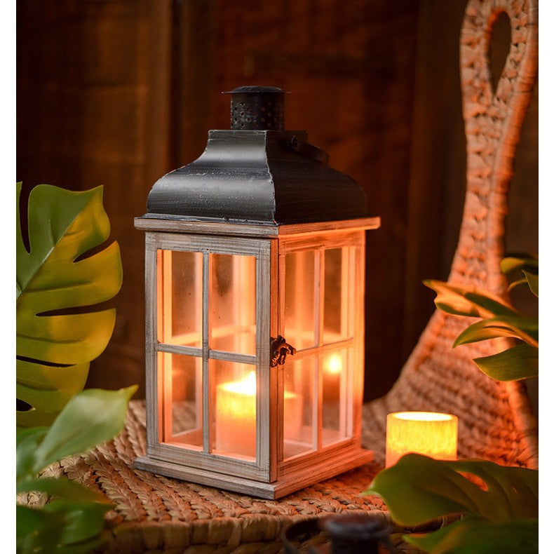 Rustic Wooden Glass-Paneled Lantern with Metal Roof and Latch Candle Holder Kalsten