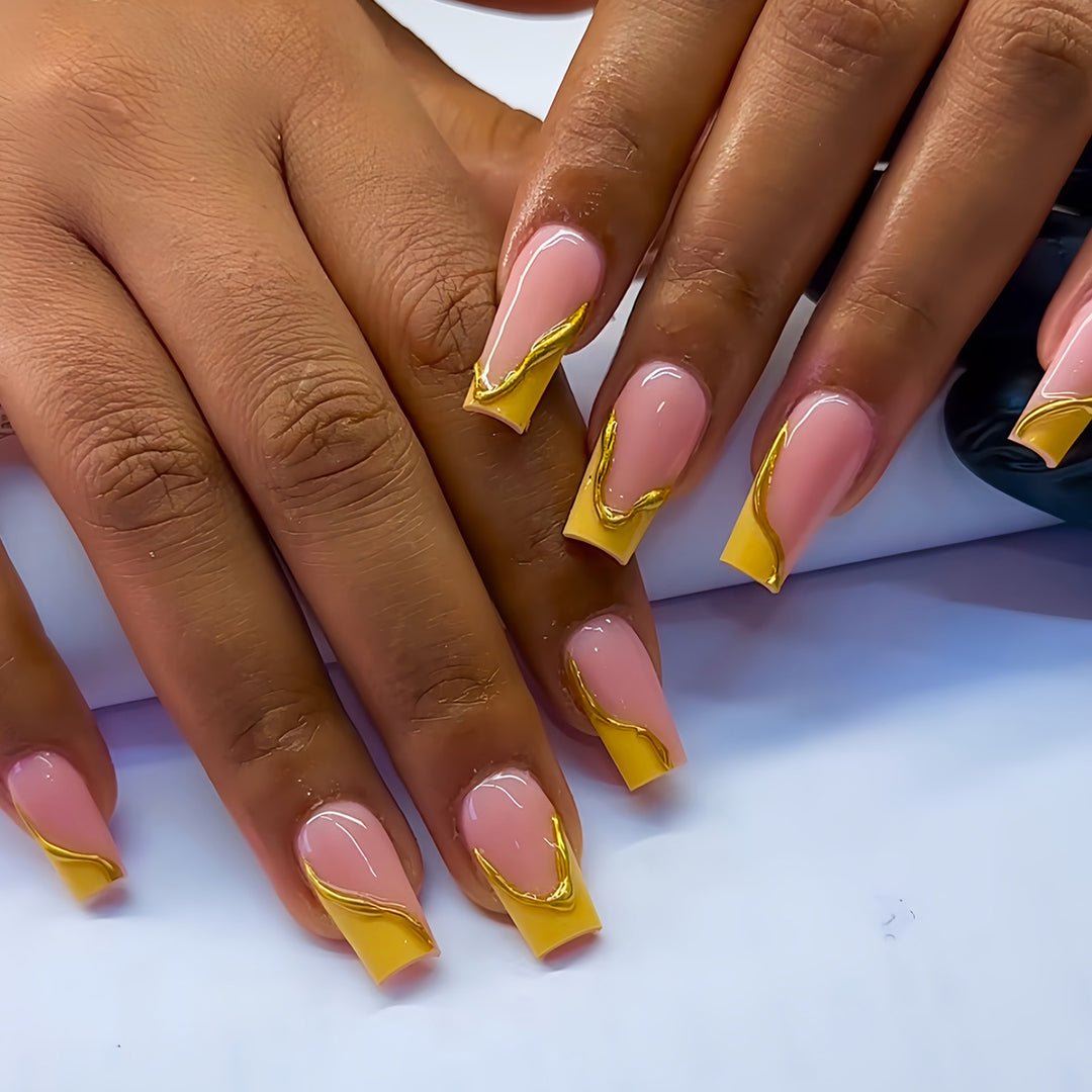 Elegant Acrylic French Tip Press-On Nails with Gold Detailing Kalsten