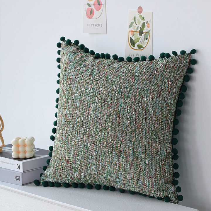 Rectangular decorative pillowcase with mottled chenille structure and pompom trim Kalsten