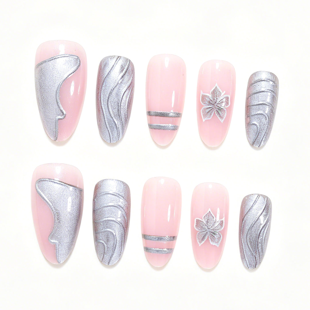 Elegant Metallic Floral Accent Press-On Nails Kalsten